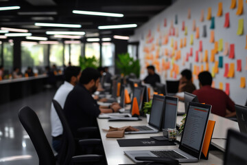 Bustling Indian Tech Startup Office, With Young Professionals Collaborating Over Laptops, Brainstorming Ideas On A Whiteboard Filled With Colorful Post-It Notes