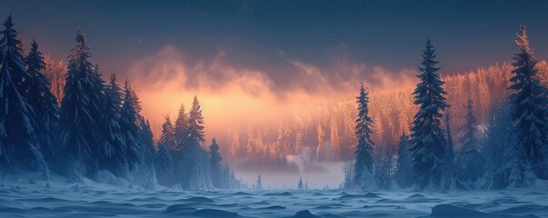 Fototapeta premium Mystical winter wonderland with dense pine trees and snow-covered ground enveloped in thick fog, creating an ethereal atmosphere. Free copy space for text.