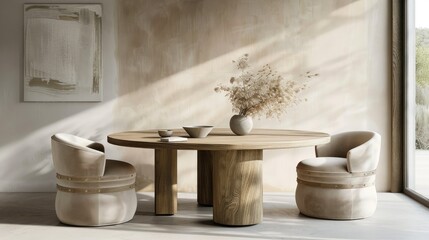 Round wooden dining table and barrel chairs. Scandinavian or mid-century interior design --no text and people, human --chaos 10 --ar 16:9 Job ID: b66cf22c-2aa8-4719-ba6a-301c9f17ec59