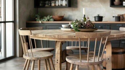 Round wooden dining table and barrel chairs. Scandinavian or mid-century interior design --no text and people, human --chaos 10 --ar 16:9 Job ID: b66cf22c-2aa8-4719-ba6a-301c9f17ec59