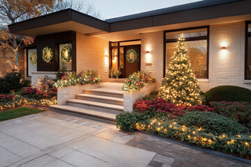 Fototapeta premium Cozy Home With Twinkling Fairy Lights, Wreaths On The Windows, And A Glowing Christmas Tree Visible Through The Front Window, Embodying A Warm Holiday Spirit