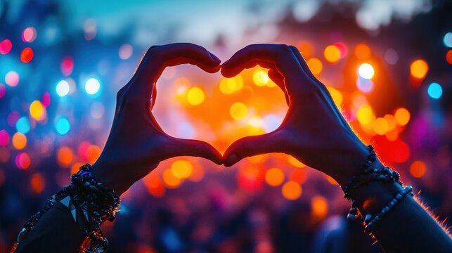 Silhouette of hands forming a heart against a colorful blurred concert background, symbolizing love and unity at a vibrant music festival.