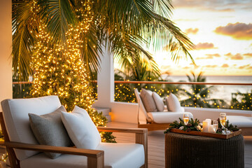 Obraz premium Cozy Outdoor Setting With A Palm Tree Wrapped In Lights, Lounge Chairs, And A Table Set For A Christmas Gathering, Highlighting A Tropical Holiday Atmosphere
