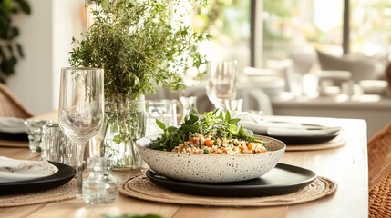 Design an elegant dining table set with a beautiful