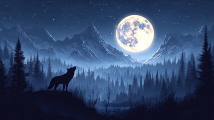 Silhouetted wolf howling at a full moon with starry sky over misty forest and mountain landscape at night, creating a mystical ambiance.
