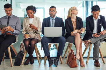 Business people, line and waiting room with technology for interview, career or job opportunity at...