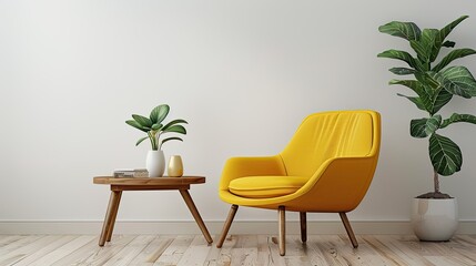 Yellow chair and wooden table in modern interior --no text and people, human --chaos 10 --ar 16:9 Job ID: c26e4b73-4180-4d13-a5e6-2dc0a6cada75