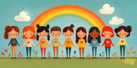 Fototapeta premium Diverse Group of Children Holding Hands Under a Vibrant Rainbow in a Whimsical Cartoon Setting