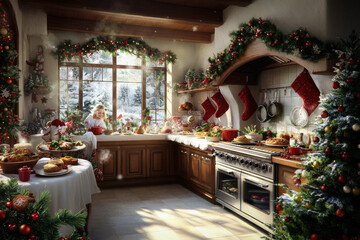 Fototapeta premium Inviting Wallpaper Showcasing A Cozy Kitchen Scene Where Family Members Are Joyfully Preparing Traditional Holiday Dishes, Surrounded By Colorful Ingredients And Christmas Decorations