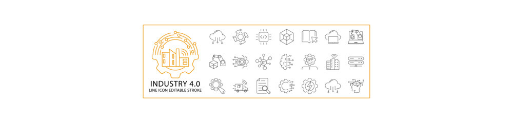 Industry 4.0 Icons In Line Style. Containing automation, technology, manufacturing, cyberspace, factory, innovation, etc. Icon Set. Vector Illustration. Editable Stroke.