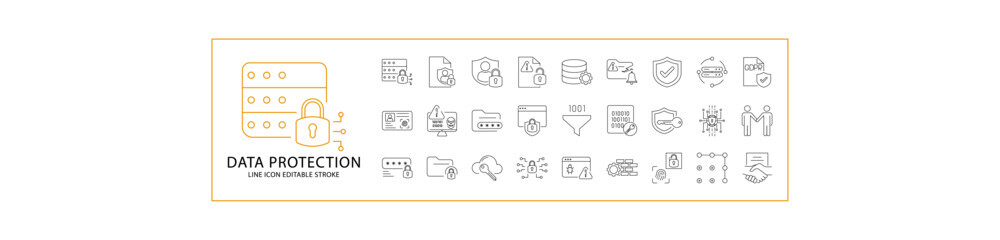 Data Protection icons. Set icon about data protection. Line icons related to data protection. Icon Set. Vector Illustration. Editable Stroke.