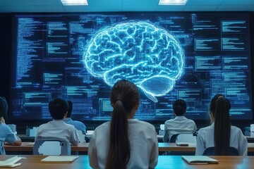 Students observe a digital brain projection in a classroom, merging neuroscience and technology for interactive learning experiences.