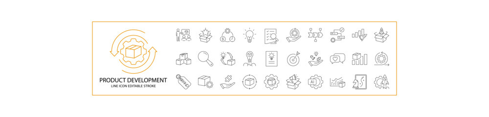 Product Development Icons. Icon set about product development. line Icons related to product development. Icon Set. Vector Illustration. Editable Stroke.
