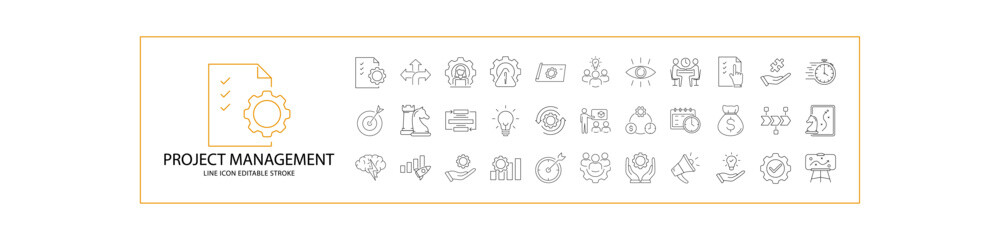 Project Management icons. Icon set about project management. Line icons related to project management. Icon Set. Vector Illustration. Editable Stroke.