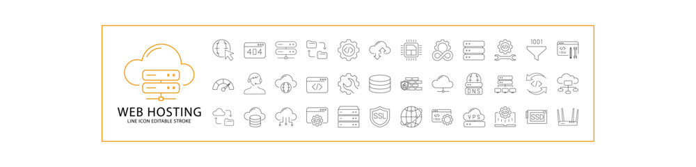 Web Hosting Icons. Icon Set about web hosting. Line Icons related to web hosting. Vector Illustration. Editable Stroke.
