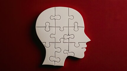 White puzzle pieces unite to reveal a thoughtful female profile against a striking red backdrop
