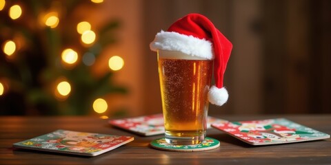 Celebrate the holidays with a festive glass of beer adorned with a Santa hat, perfect for winter gatherings and seasonal promotions.