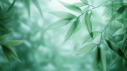 Fototapeta premium Delicate green leaves against a soft green background.