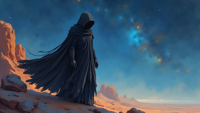 A mysterious figure draped in a regal robe, the shadowy galactic nomad commands attention in a captivating gouache painting. the main subject of the artwork is a traveler roaming through the vast expa