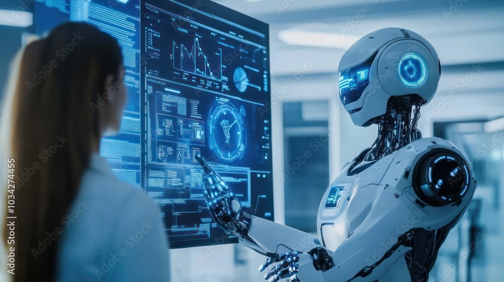 Poster futuristic human-robot interaction in a high-tech laboratory setting