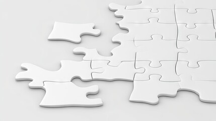 Artistic 3D render of puzzle pieces coming together to form a woman's head, symbolizing unity and thoughtfulness against a neutral background