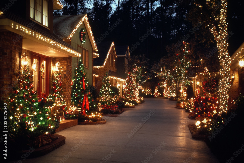 Wall mural Street Lined With Houses Brilliantly Decorated For Christmas, Each With Unique Light Displays, Illuminated Pathways, And Festive Decorations Under A Starry Night Sky