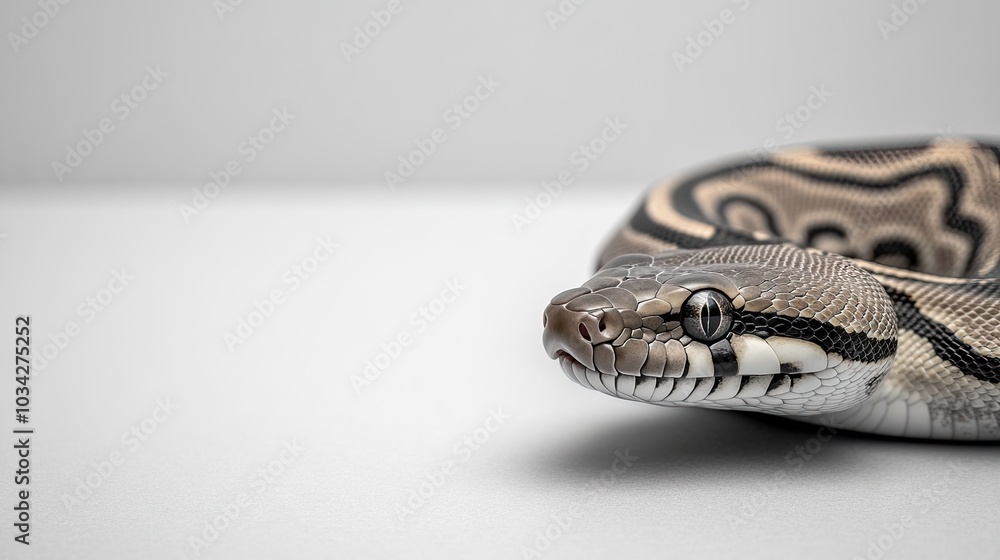 Poster a stunning black and white snake with intricate patterns rests elegantly on a minimalist white surfa