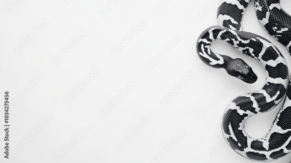Poster a striking black and white snake elegantly sprawled on a minimalist white background with intricate 