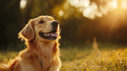 Captivating golden retriever enjoying a warm sunset in nature's embrace radiating happiness and serenity amidst the glowing landscape