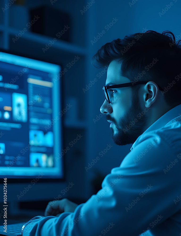 Poster man with glasses focuses on computer screen amidst online shopping and blue background visuals for b