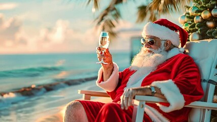 Santa Claus having a vacation on the beach: Christmas vacation, tourism and travel concept with Christmas Holiday. Merry Christmas 4k video