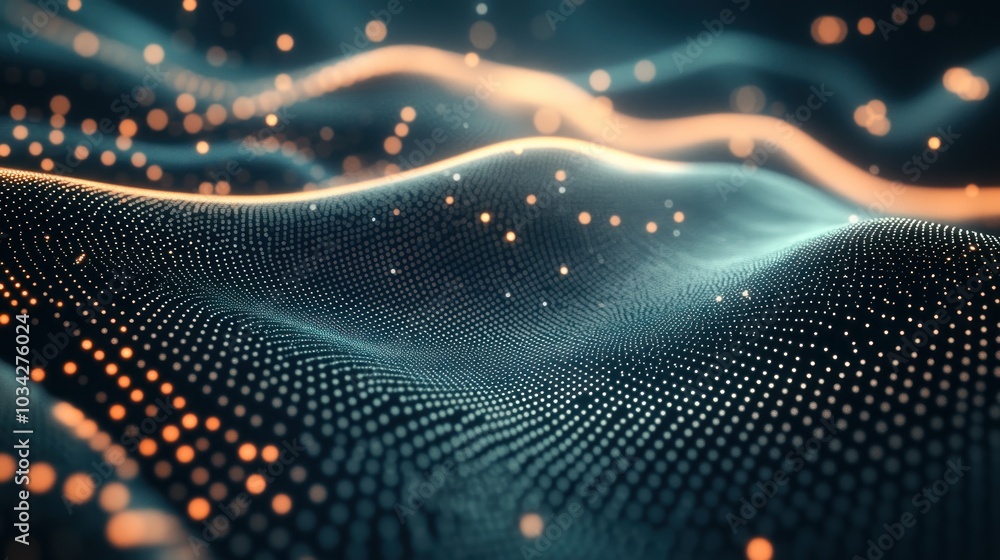 Poster abstract digital landscape with glowing particle waves and dynamic atmosphere
