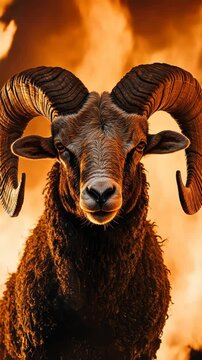Ram with large horns in front of