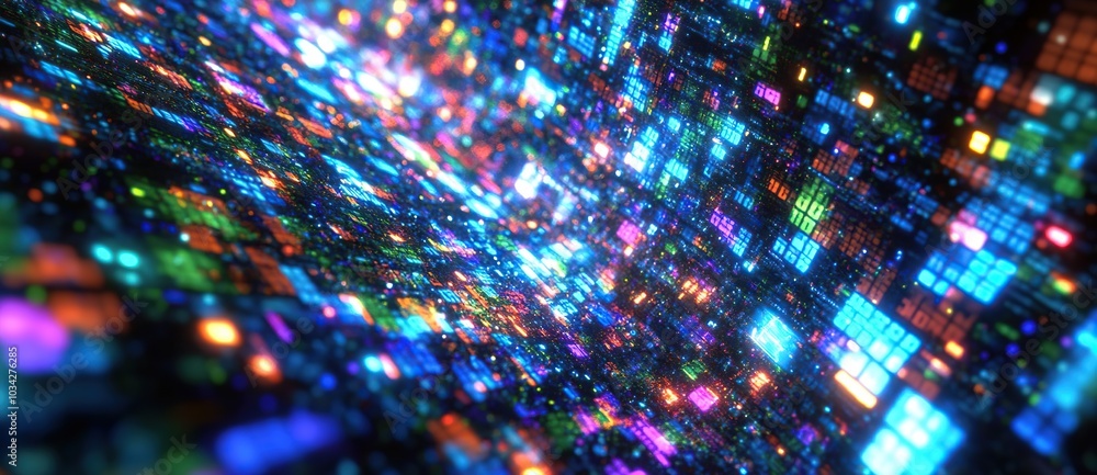 Poster abstract digital background with glowing squares in various colors.