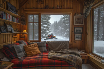 A cozy retreat in a cabin after a thrilling snowmobile adventure