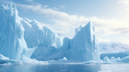 Close-up of a giant iceberg showing intricate details and textures of the ice, with gentle waves lapping against its base
