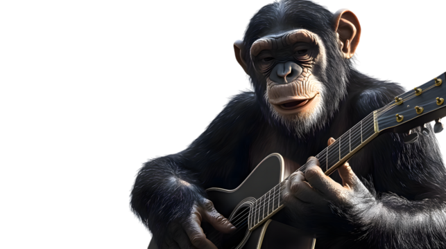 Chimpanzee Monkey Playing Guitar, Photo Realistic, on Transparent Background PNG, Pattern Background, Wallpaper, Cover and Screen of Smartphone, PC, Laptop, Transparent PNG