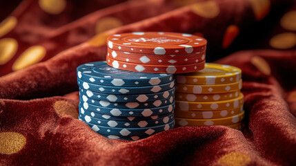 Wallpaper Featuring A Stack Of Colorful Poker Chips Against A Dark Velvet Background, Evoking The Excitement Of A Casino