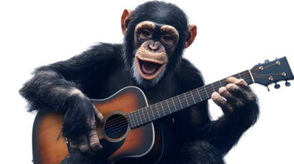 Chimpanzee Monkey Playing Guitar, Photo Realistic, on Transparent Background PNG, Pattern Background, Wallpaper, Cover and Screen of Smartphone, PC, Laptop, Transparent PNG