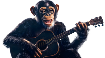 Chimpanzee Monkey Playing Guitar, Photo Realistic, on Transparent Background PNG, Pattern Background, Wallpaper, Cover and Screen of Smartphone, PC, Laptop, Transparent PNG