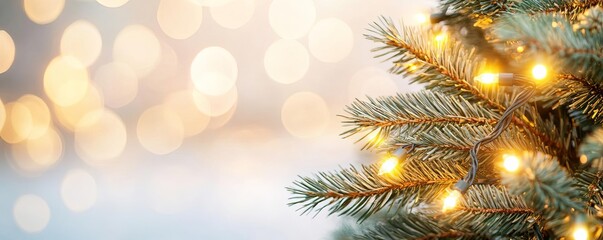 Obraz premium Pine tree with bright yellow lights, warm tones, holiday charm