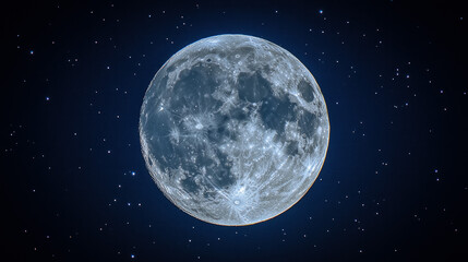 Obraz premium Wallpaper Showcasing A Full Moon Glowing Brightly In A Deep Indigo Night Sky, Surrounded By Scattered Silver Stars