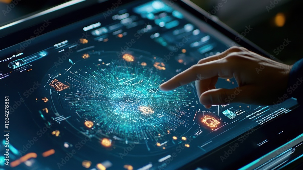 Poster hand interacting with futuristic interface on tablet