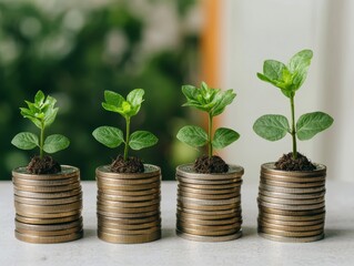 Green Prosperity Sprouting Plants on Golden Coins in a Wealthy Garden Setting - Financial Growth and Success Concept