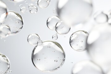 Macro shot of spherical hyaluronic acid bubbles with smooth surfaces suspended in clear gel isolated on white background