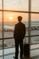 Silhouetted Business Traveler at Airport Window Watching Sunset, Contemplating Journey with Airplanes on Runway - Travel Concept