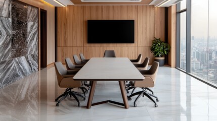Contemporary Minimalist Conference Room with Luxe Marble and Natural Wood, Urban Skyline View for Professional Meetings and Design Showcases