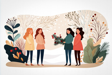 Winter Gathering Where Friends Stand Beneath A Mistletoe, Exchanging Smiles And Laughter, With A Snowy Outdoor Scene Visible Through The Window