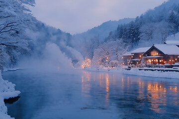 Fototapeta premium Twilight enchantment as steam rises from hot springs near a serene river