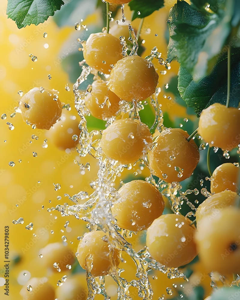Poster a cluster of yellow cherries is splashed with water, creating a vibrant and refreshing scene.
